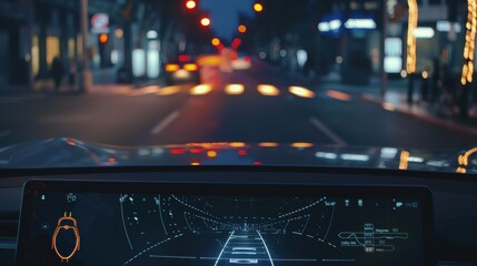 Modern car driving on road at night showing heads up display