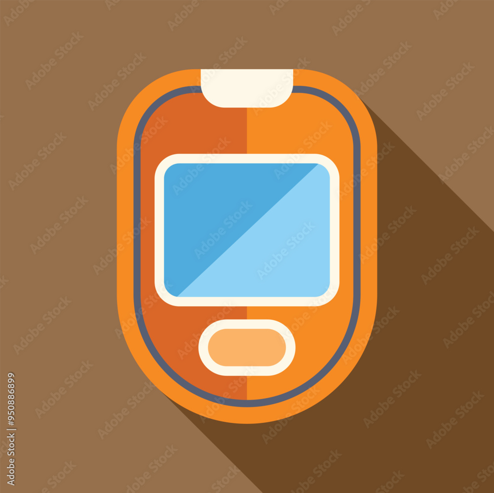 Poster simple icon of a glucose meter with a large screen, designed in orange and blue with a long shadow e