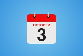 Icon calendar day. 3 October. 3th days of the month, illustration style. Date day of week Sunday, Monday, Tuesday, Wednesday, Thursday, Friday, Saturday. 