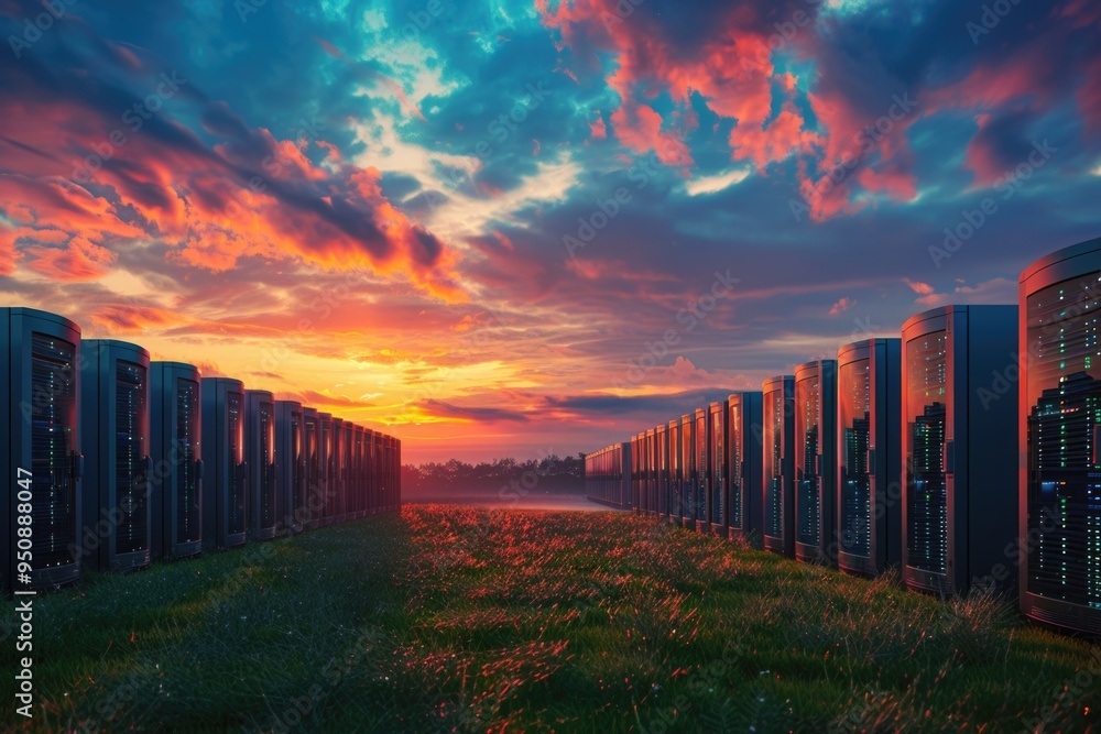 Aufkleber A row of servers in a field at sunset, suitable for data center or IT infrastructure illustrations