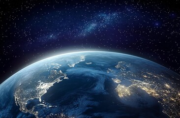 Fototapeta premium Realistic Image of Earth from Space with City Lights Illuminating Urban Areas, Symbolizing Hope, Unity, and the Future of an Advanced Civilization Against the Backdrop of a Starry Night Sky