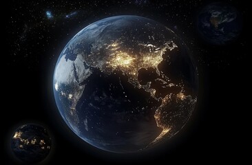 Obraz premium Realistic Image of Earth from Space with City Lights Illuminating Urban Areas, Symbolizing Hope, Unity, and the Future of an Advanced Civilization Against the Backdrop of a Starry Night Sky