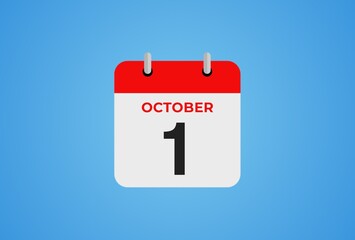 Icon calendar day. 1 October. 1th days of the month, illustration style. Date day of week Sunday, Monday, Tuesday, Wednesday, Thursday, Friday, Saturday. 