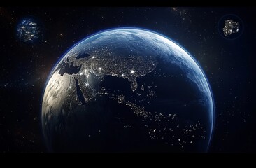 Fototapeta premium Realistic Image of Earth from Space with City Lights Illuminating Urban Areas, Symbolizing Hope, Unity, and the Future of an Advanced Civilization Against the Backdrop of a Starry Night Sky