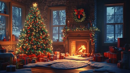 A cozy Christmas living room with a decorated tree, a fireplace, and presents under it.