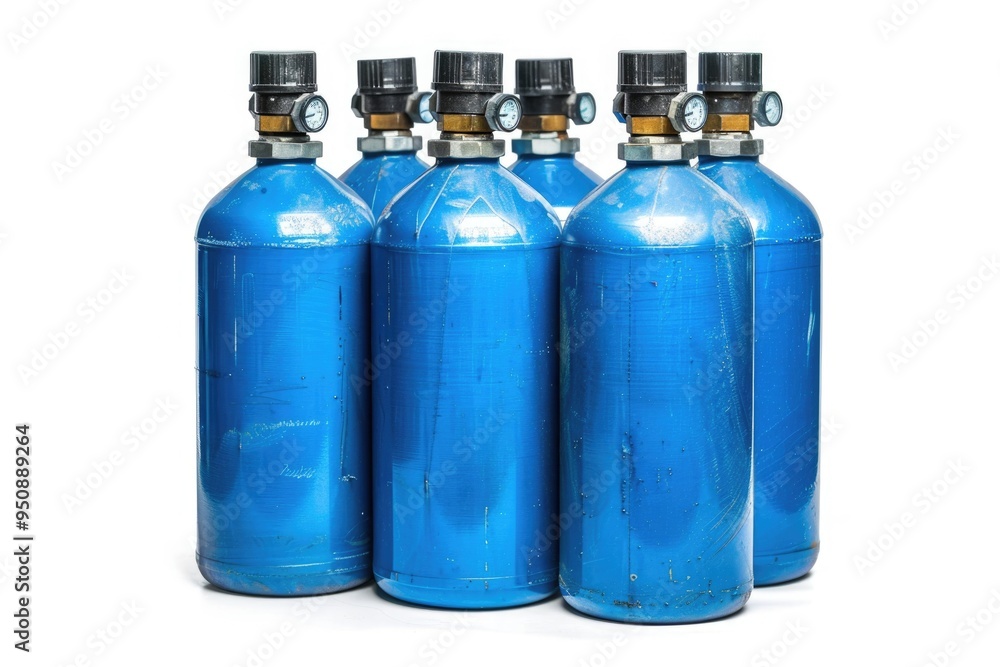 Poster three blue cylindrical objects sit adjacent to each other
