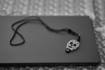 laptop in the day of the dead - blank and white