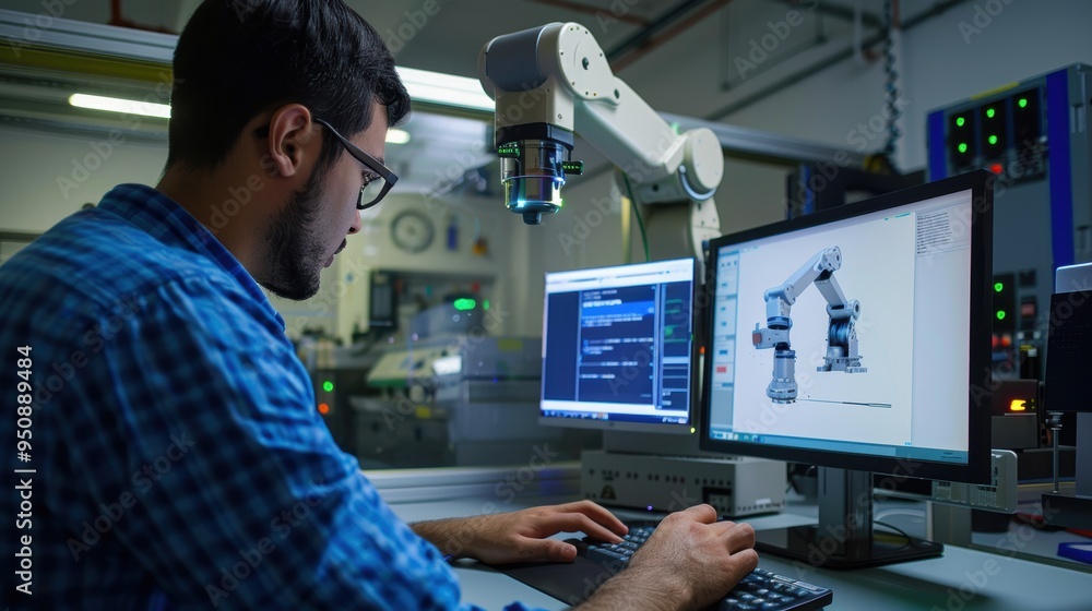 Poster industrial engineer is programming a robotic arm in a research laboratory