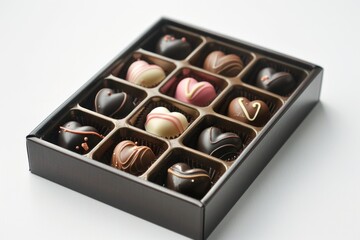 Box of assorted chocolates on a clean white surface, ideal for advertising or packaging designs