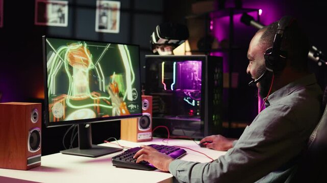 Player using keyboard, mouse and headset to play first person shooter videogame on PC, enjoying leisure time. Man in living room using high tech computer peripherals to destroy enemies, camera B