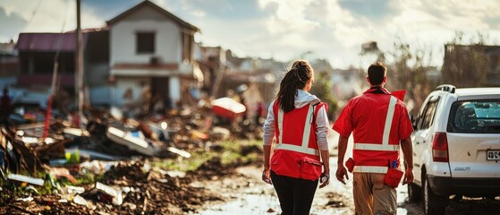 Disaster Relief Workers Surveying Devastated Neighborhood After Natural Disaster