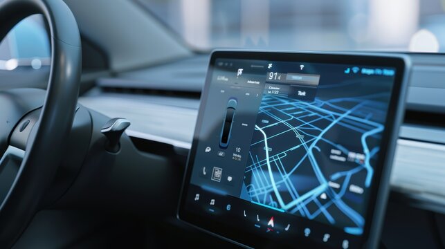 Modern car interior showing navigation system on digital dashboard