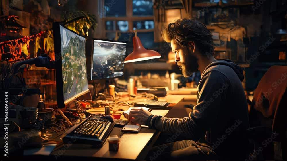 Poster a focused programmer working on code on multiple monitors at night