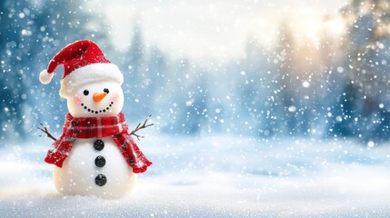A cheerful snowman wearing a red Santa hat and scarf stands in a snowy winter landscape with a blurred background of a forest and falling snow.
