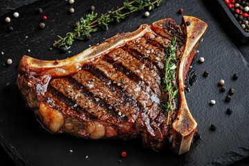 Deliciously Cooked T-Bone Steak Perfectly Cut on a Black Slate Surface, Top View, Showcasing Juicy Meat and Gourmet Presentation