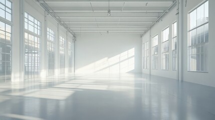 Bright and Airy Warehouse Interior with Sunlight Streaming through Windows