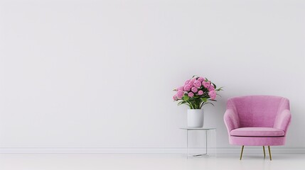  Elegant Pink Armchair with Flower Vase on White Background, Perfect for Banner Designs, Copy Space for Text, Modern Interior Decor, and Home Design Concepts