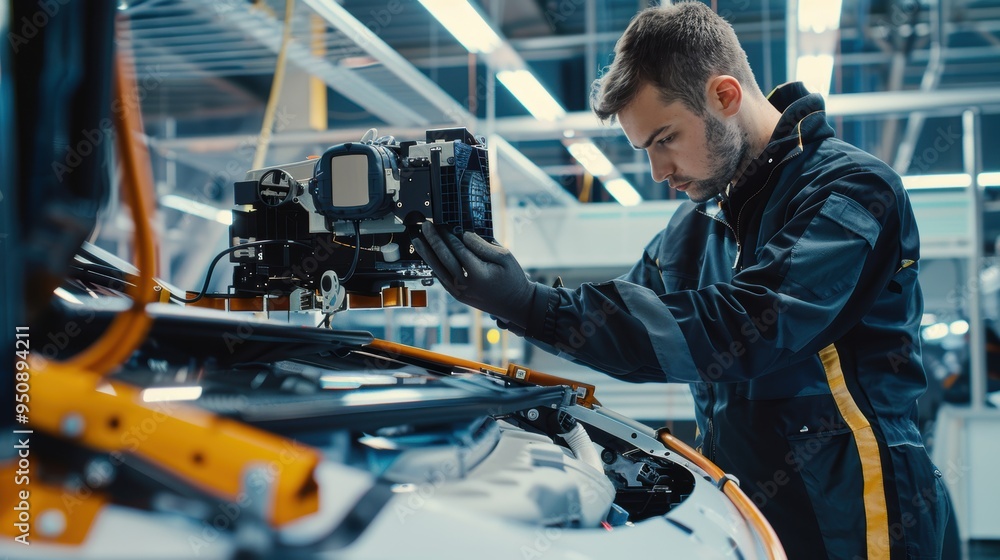 Poster car factory engineer installing a computer in electric vehicle