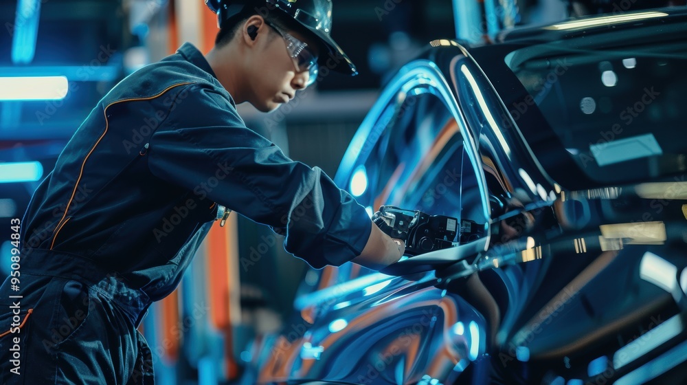 Aufkleber professional automotive engineer using digital tablet computer while working on electric car in fact