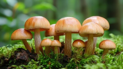 Fototapeta premium A group of small, brown mushrooms growing on a bed of green moss.
