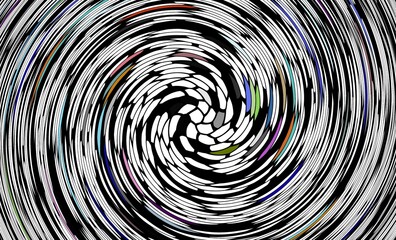 A spiral of colors and shapes that is very abstract. The spiral is very dynamic and seems to be in motion