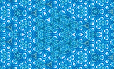 A blue and white patterned background with a blue and white design in the center. The design is made up of triangles and circles