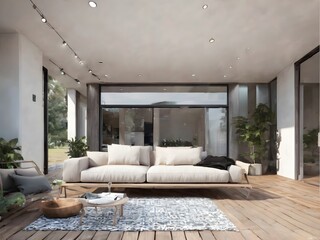 modern living room with with couch and big windows