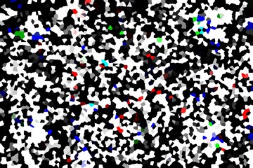 A black and white photo of a colorful pattern. The photo is a collage of different colored squares and triangles. The colors are bright and bold, creating a sense of energy and excitement