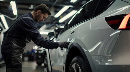 Car factory worker polishing door of vehicle during production