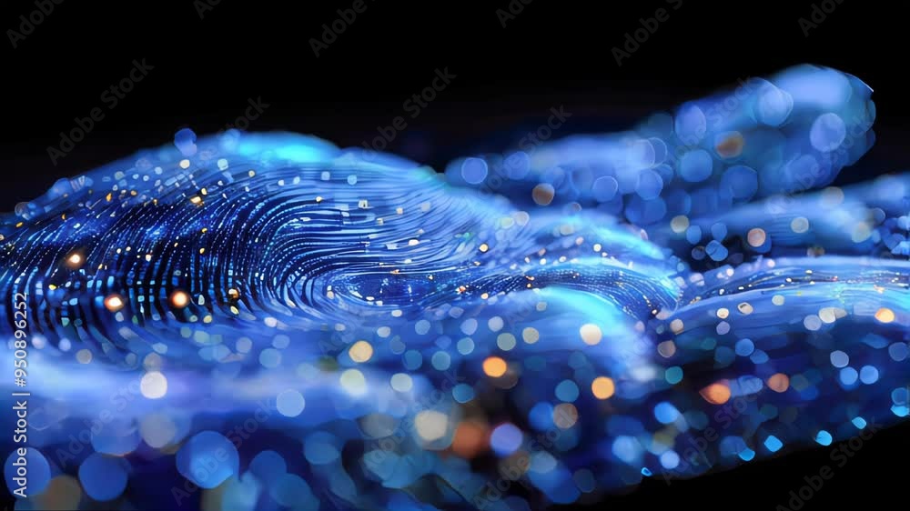Poster a detailed blue fingerprint pattern with intricate dots and a bokeh effect