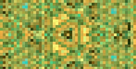 A green and yellow pixelated image with a pattern of squares. The image is abstract and has a sense of movement