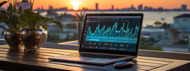 Wealthy crypto: a stock chart laptop in a luxury flat in a resort town, concept of crypto earnings, highlighting fusion of digital wealth accumulation and upscale lifestyle idyllic resort settings.