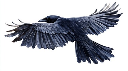 Fototapeta premium A black crow in flight, with its wings spread wide, isolated on a white background.