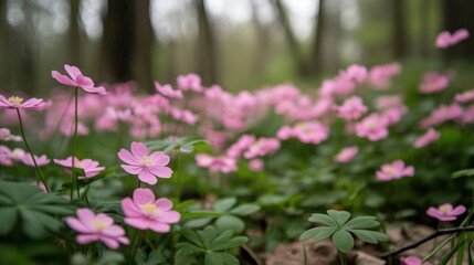 Naklejka premium A close-up view of a field of delicate pink wildflowers blooming in a lush forest.