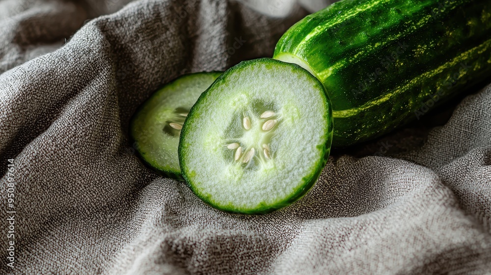 Poster fresh and crisp cucumber slices on a soft gray towel