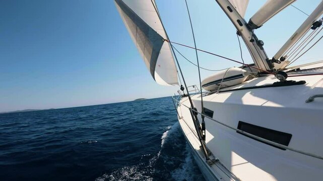 Cinematic aerial shots of a sailing boat in Croatia's Kornati archipelago. Crystal-clear waters, serene bays, and vibrant holiday scenes. Perfect for luxury travel, adventure, and summer vacation.