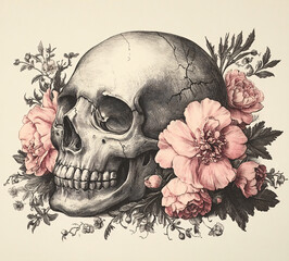 Vintage illustration of skull and flowers in gothic style, suitable for elegant tattoo designs or Day of the Dead celebrations.