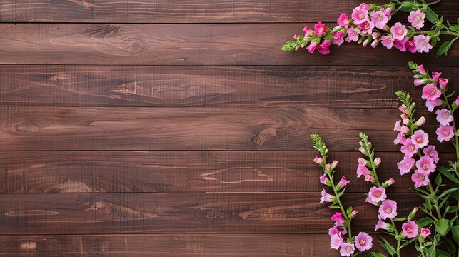 Rustic wood background with pink foxgloves, perfect for nature-themed banners, floral marketing materials, and event designs. Ample copy space for text, ideal for social media headers and seasonal pro
