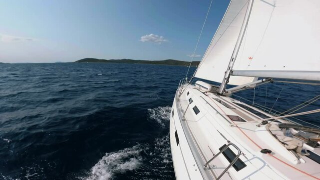 Cinematic aerial shots of a sailing boat in Croatia's Kornati archipelago. Crystal-clear waters, serene bays, and vibrant holiday scenes. Perfect for luxury travel, adventure, and summer vacation.