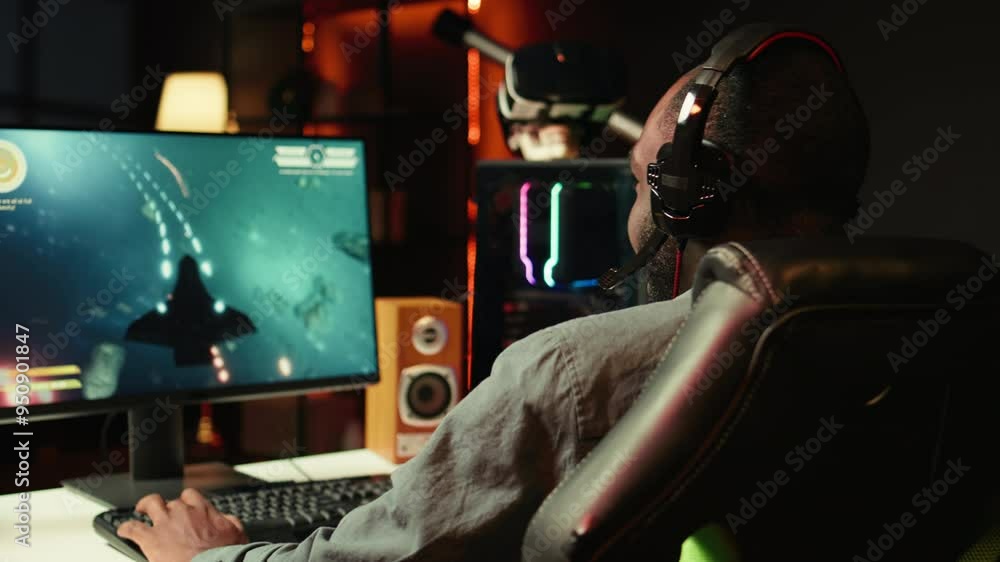 Poster man playing sf shooter videogame on computer monitor, talking into headset with friends. gamer using
