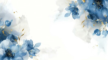 Watercolor Painting of Blue Flowers with Gold Accents
