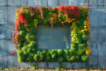 square-shaped window frame, green plants, flowers, gray concrete wall, plant border, decorative frame, botanical arrangement, lush greenery, floral design, window decoration, nature-inspired frame, co