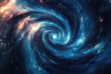A swirling cosmic vortex with bright stars and a deep black void at its center.