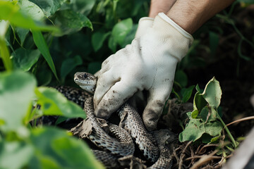 Gloved hand holding a snake during pest control in a garden.