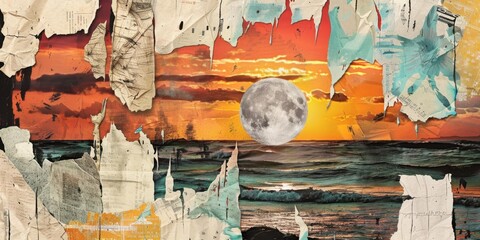 Fototapeta premium a collage of moon and ocean of torn paper elements, blending text, images, and textures