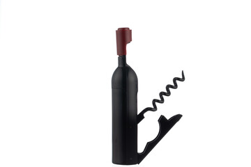Modern black corkscrew and bottle opener with a sleek design, isolated on a white...