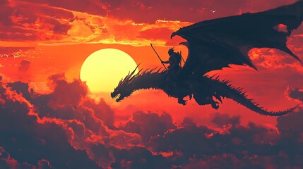 Silhouette of a dragon rider soaring through a fiery sunset sky.