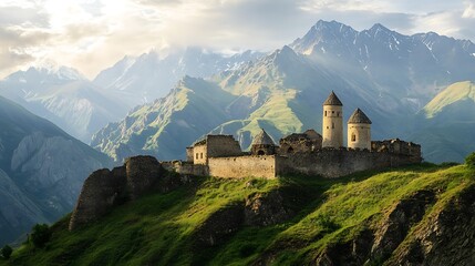 An ancient stone fortress sits on a hilltop with a dramatic mountain backdrop.