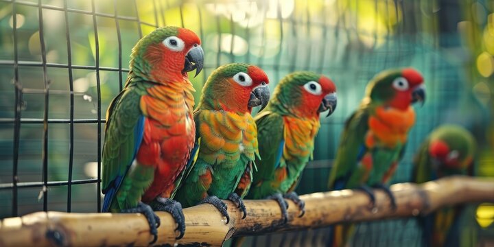 Green Cheeked Conures attempting to escape from their enclosure