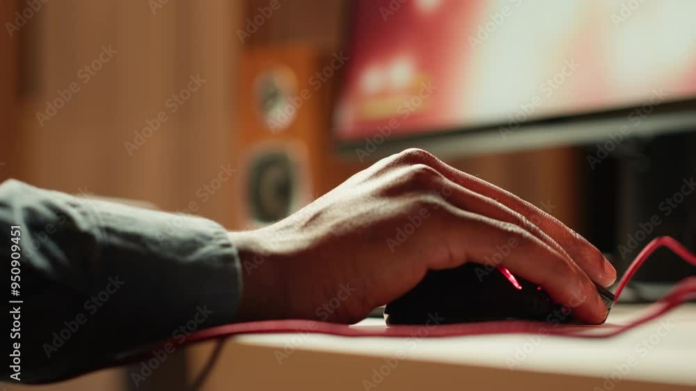 Aufkleber gamer using keyboard and wired mouse to play videogames on desktop pc, close up shot. man playing on
